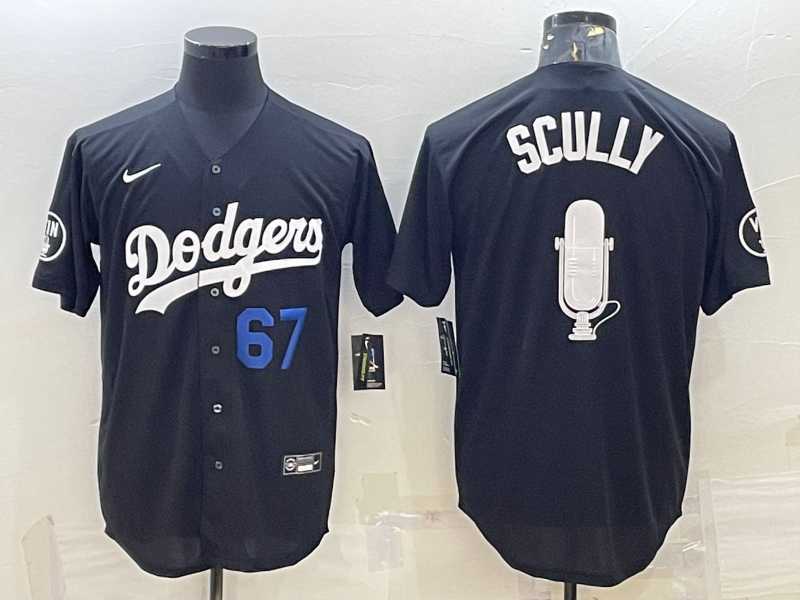 Mens Los Angeles Dodgers #67 Vin Scully Black Blue Big Logo With Vin Scully Patch Stitched Jersey